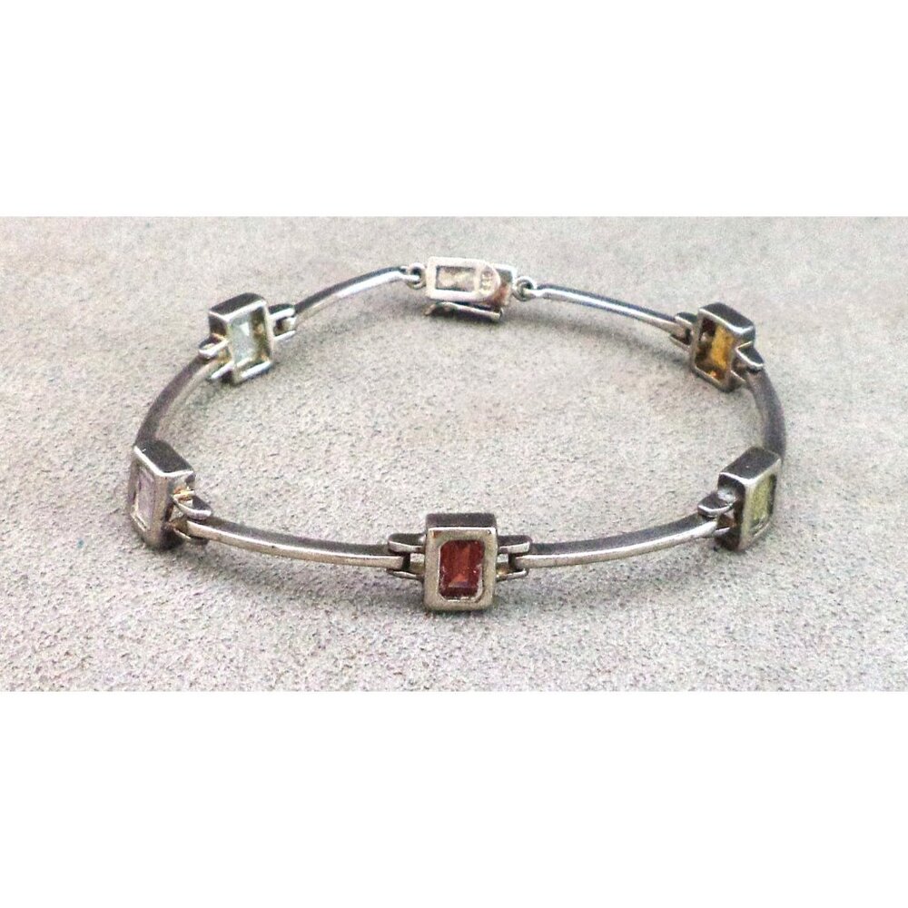 Gemstone + STERLING Silver Long LINK BRACELET 7" Citrine Amethyst Garnet Vintage